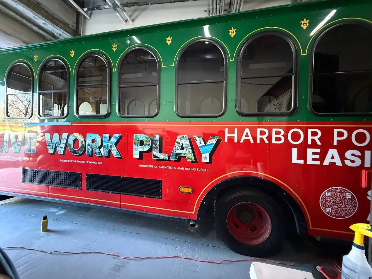 Vehicle lettering and graphics on a branded trolley